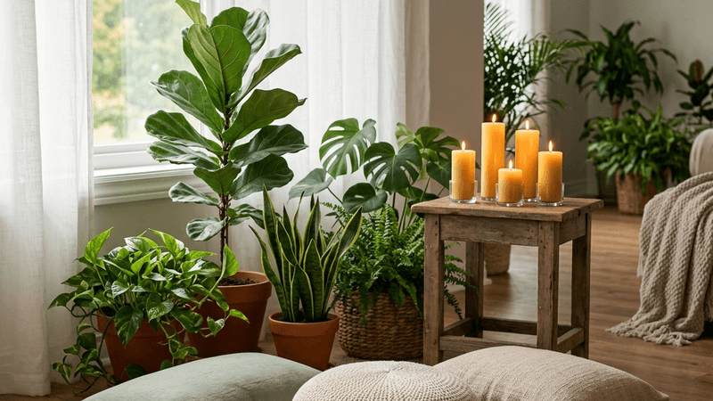 Calm meditation space with candles cushions and indoor plants