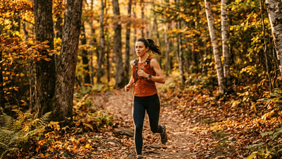 Fit person running on a scenic forest trail at golden hour with autumn leaves